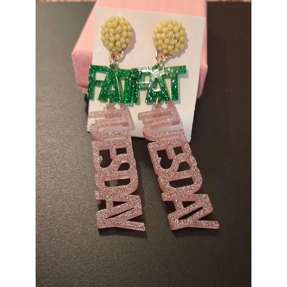Fat Tuesday Beaded Glitter Dangle Post Earrings New With Pink Box